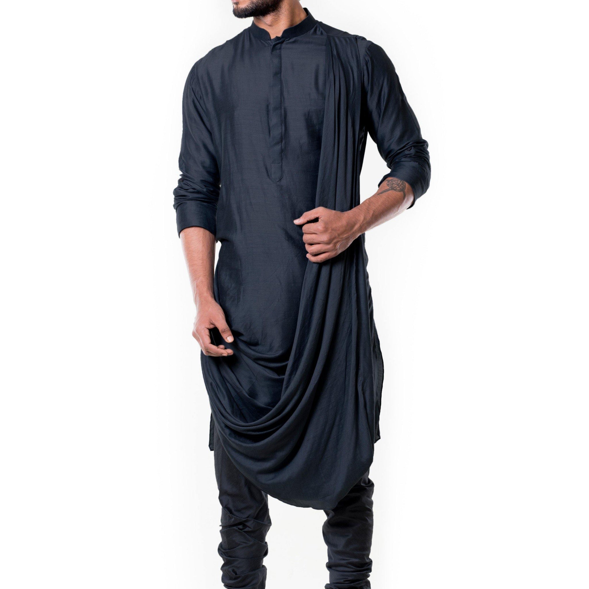 Grease Black Cowl Kurta Set.-Men-Glamourental