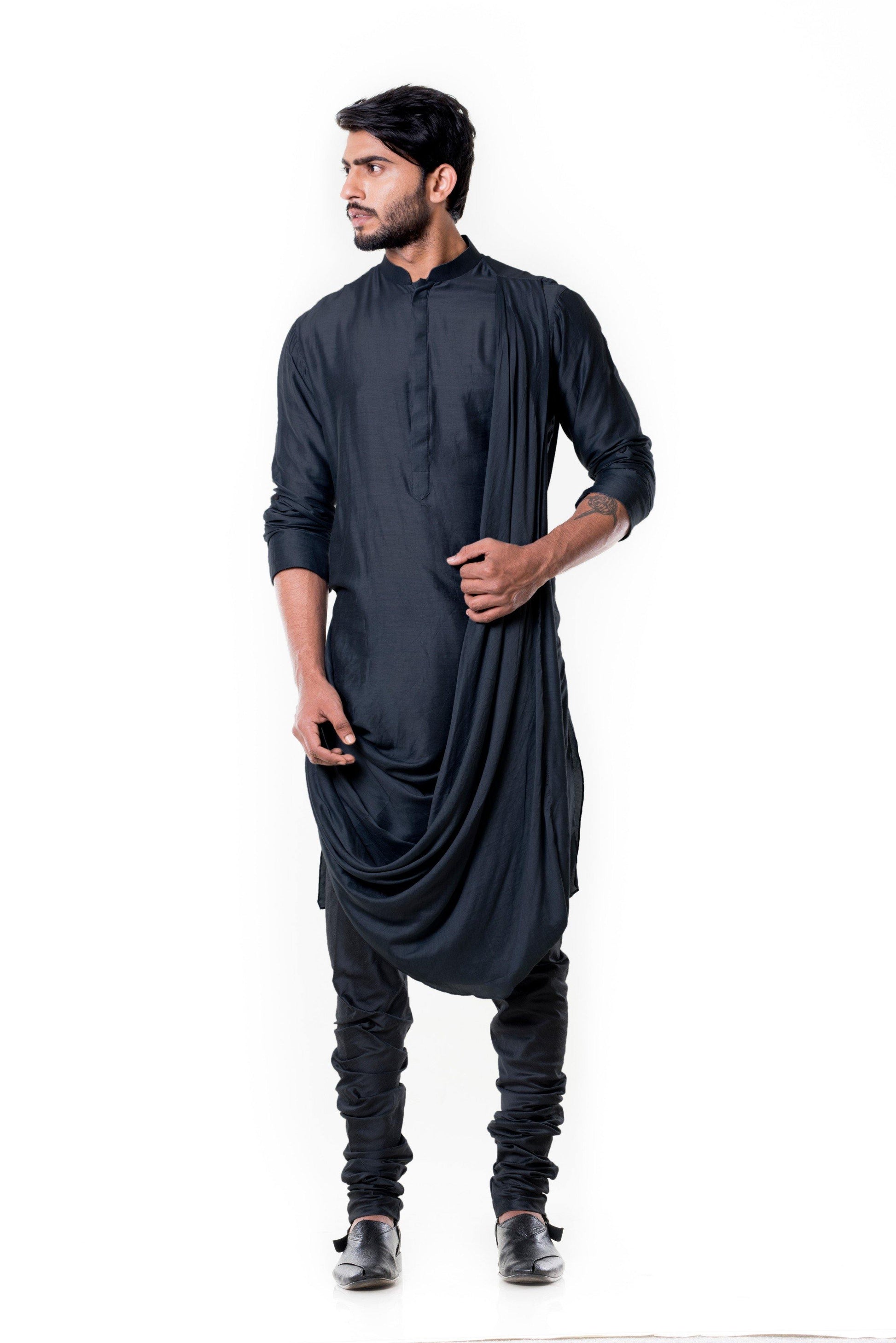 Grease Black Cowl Kurta Set.-Men-Glamourental