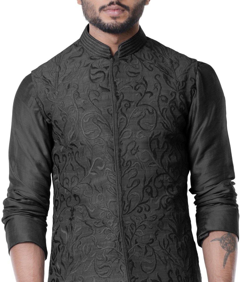 Jade Black Cowl Kurta With Full Embroidered Black Waist Coat Set.-Men-Glamourental