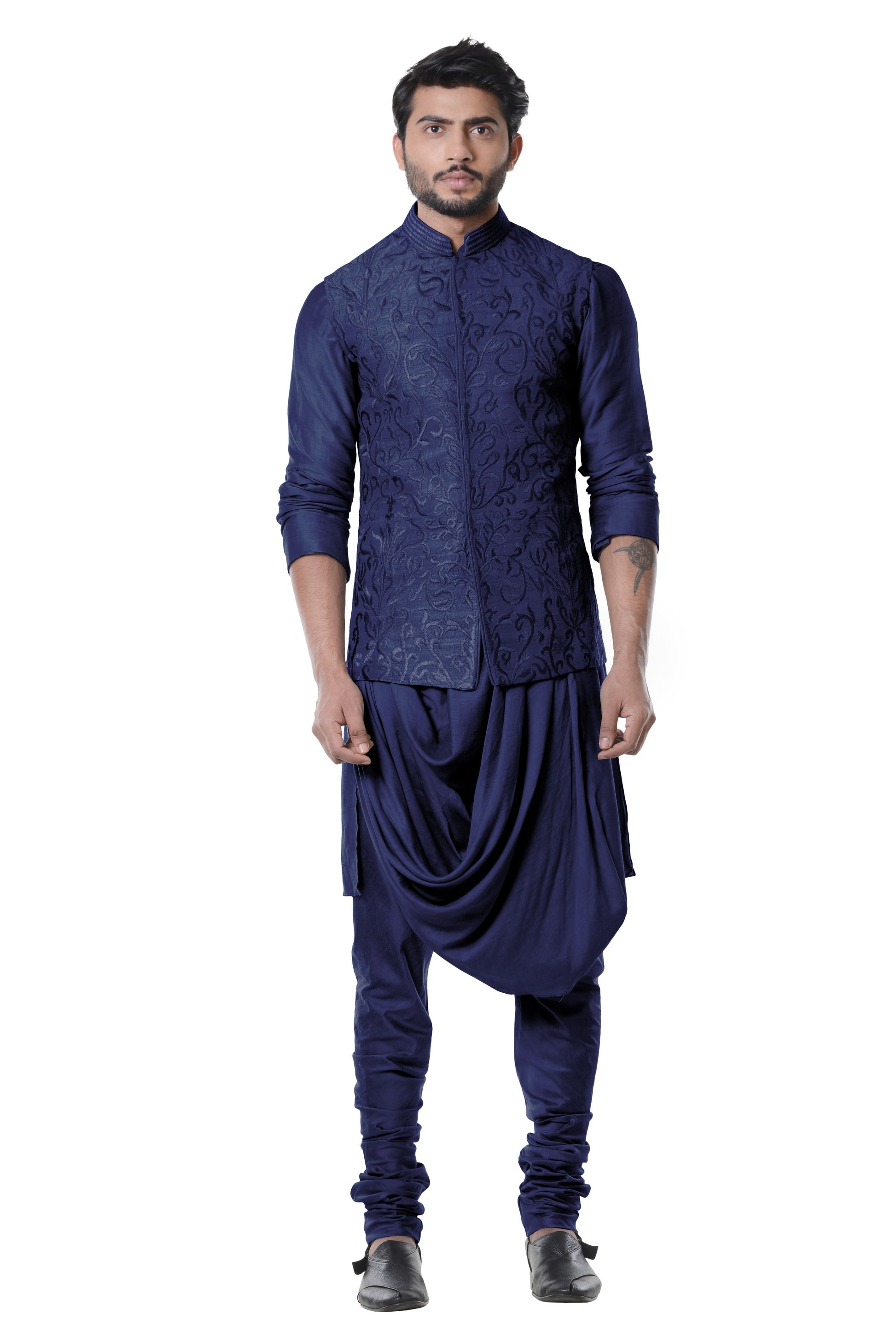 Space Blue Cowl Kurta With Full Embroidered Blue Waist Coat Set.-Men-Glamourental