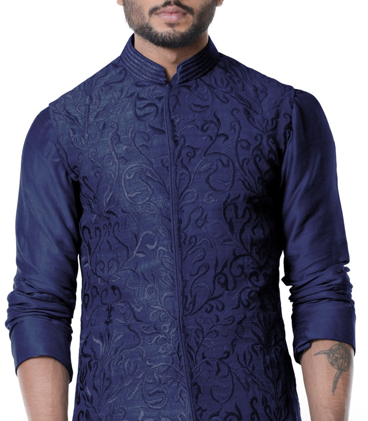 Space Blue Cowl Kurta With Full Embroidered Blue Waist Coat Set.-Men-Glamourental