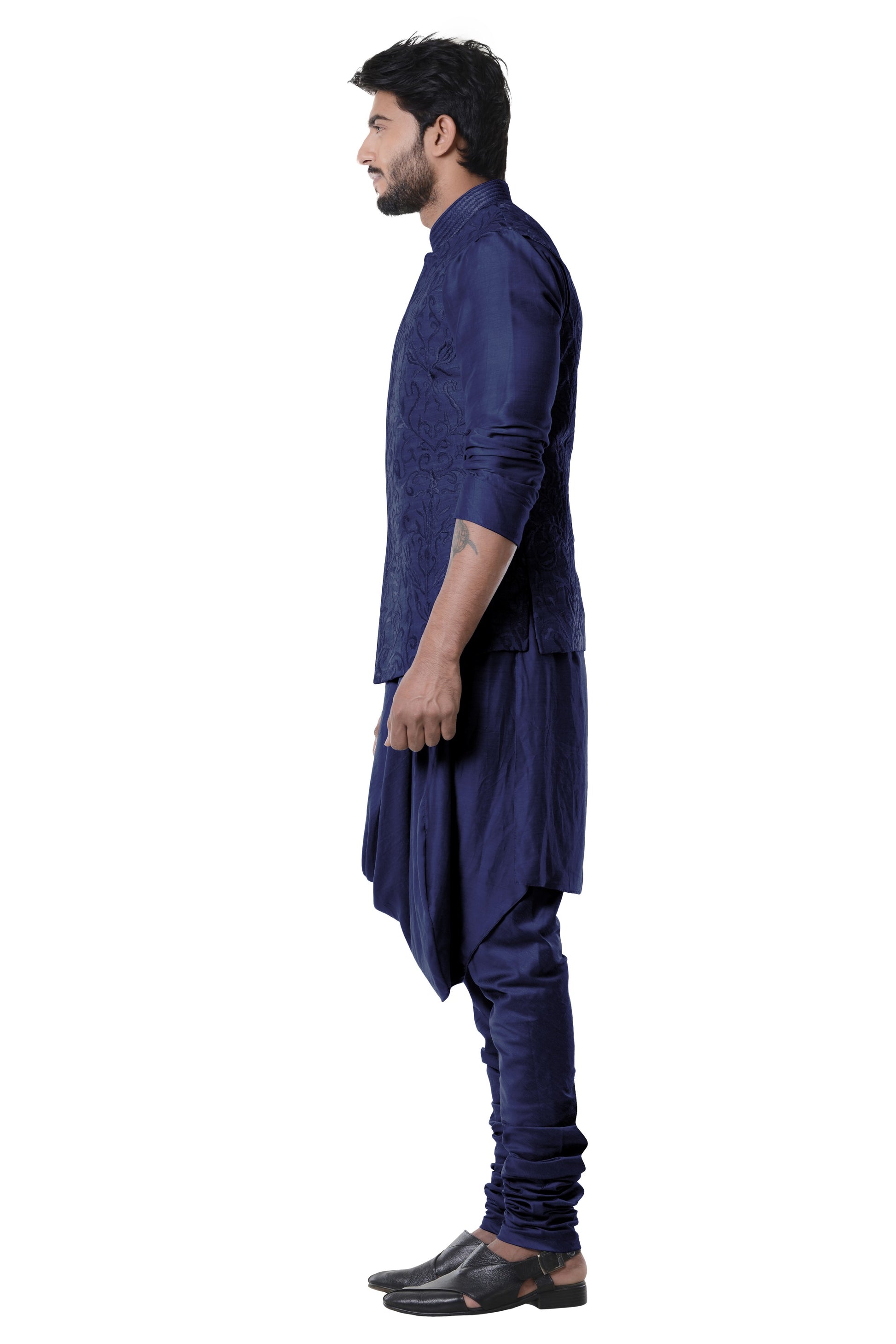 Space Blue Cowl Kurta With Full Embroidered Blue Waist Coat Set.-Men-Glamourental