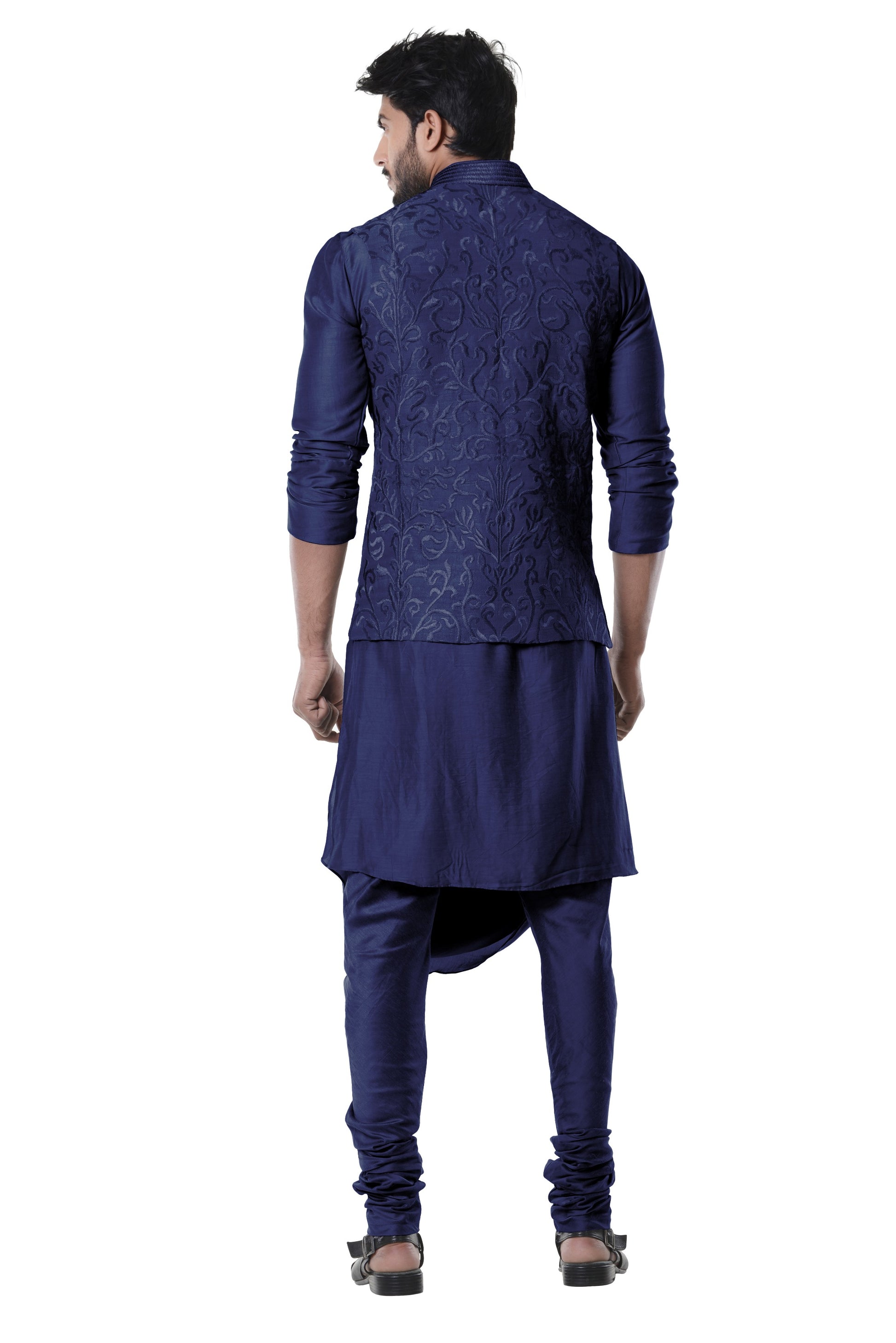 Space Blue Cowl Kurta With Full Embroidered Blue Waist Coat Set.-Men-Glamourental