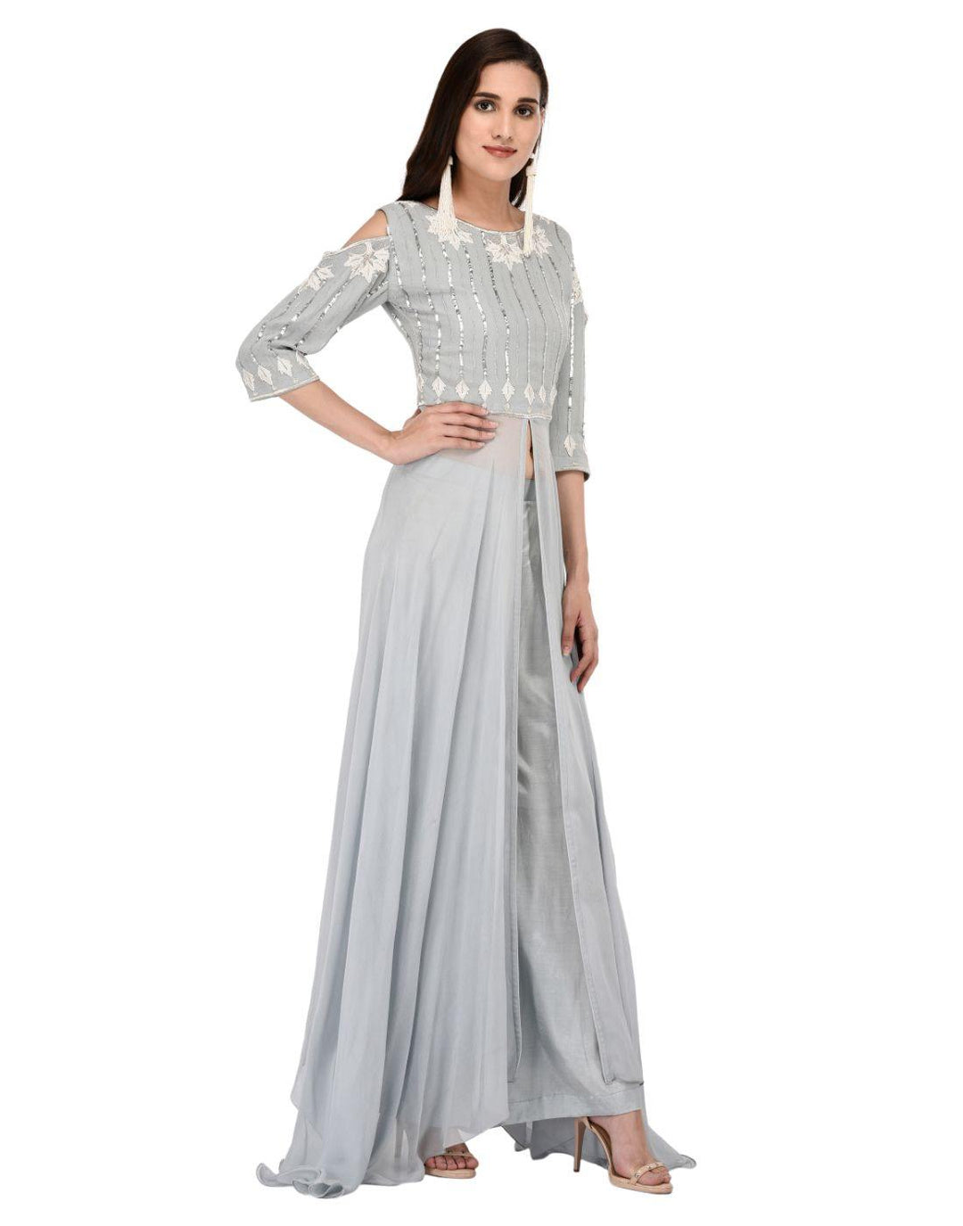 Rent Miracolos Sequins Pearl Embellished Party Wear Embroidered Dress with Palazzo Pant-Women-Glamourental