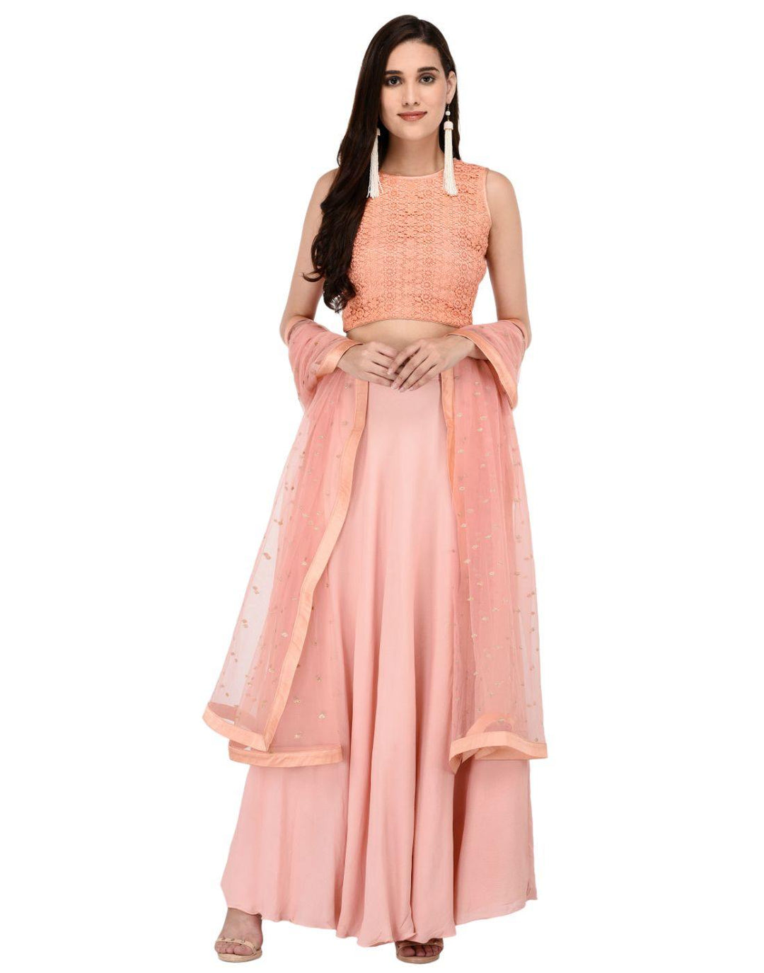 Rent Miracolos Cotton Lace/Santoon Stylish Party Dress Lehenga Choli with Net Dupatta Peach Colour-Women-Glamourental