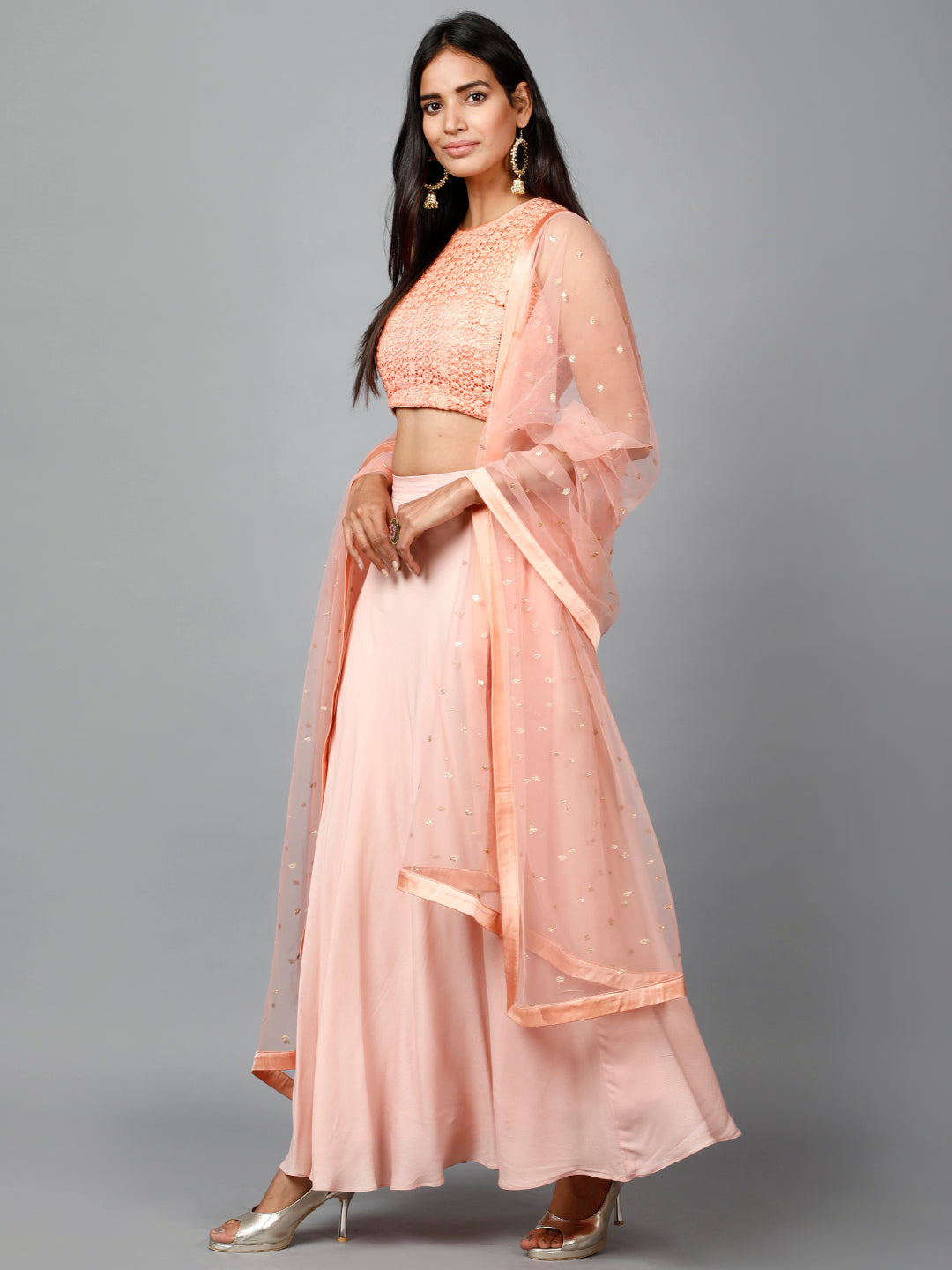 Miracolos By Ruchi's Elegant Peach Colored Crop top & Flare Skirt - Rent