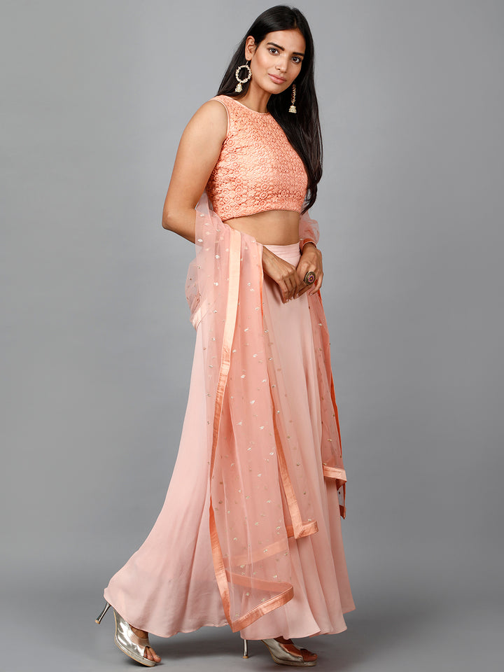Miracolos By Ruchi's Elegant Peach Colored Crop top & Flare Skirt - Rent
