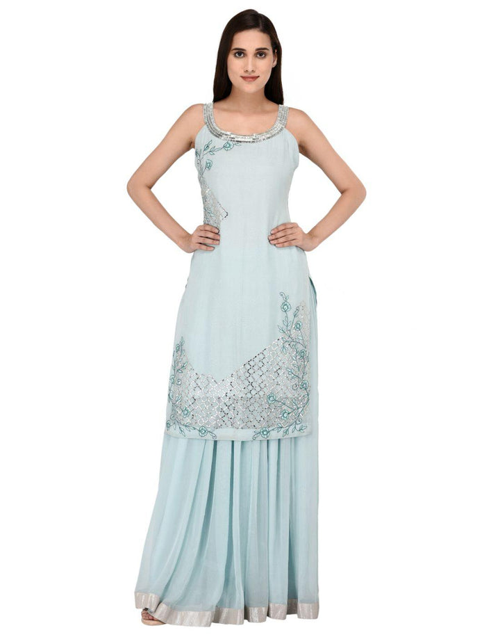 Rent Miracolos Georgette Stylish Kurta with Skirt Embroidered Party Dress Light Blue Colour-Women-Glamourental