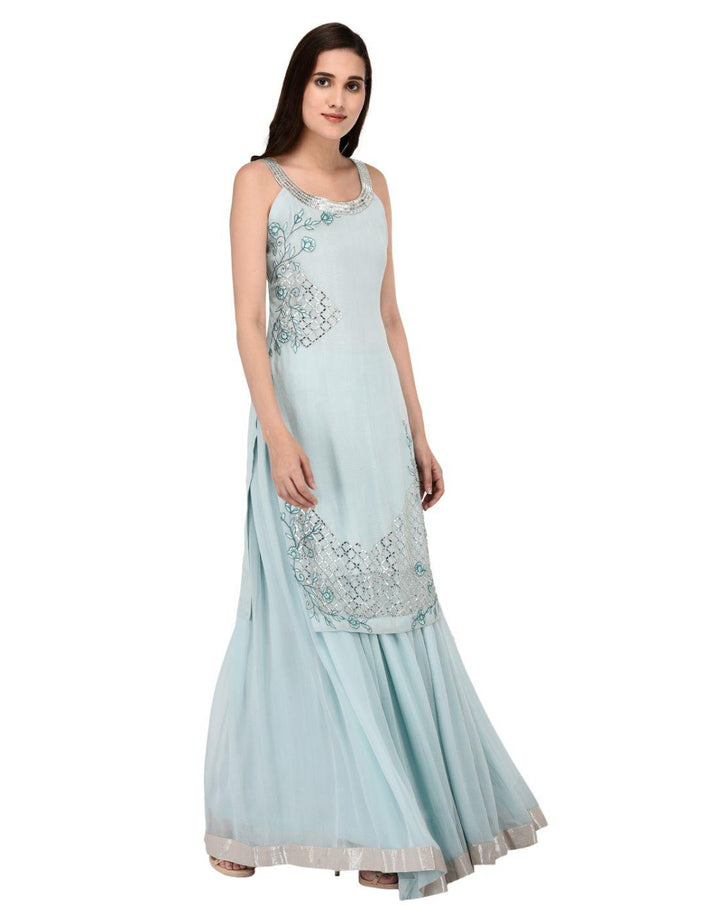 Rent Miracolos Georgette Stylish Kurta with Skirt Embroidered Party Dress Light Blue Colour-Women-Glamourental