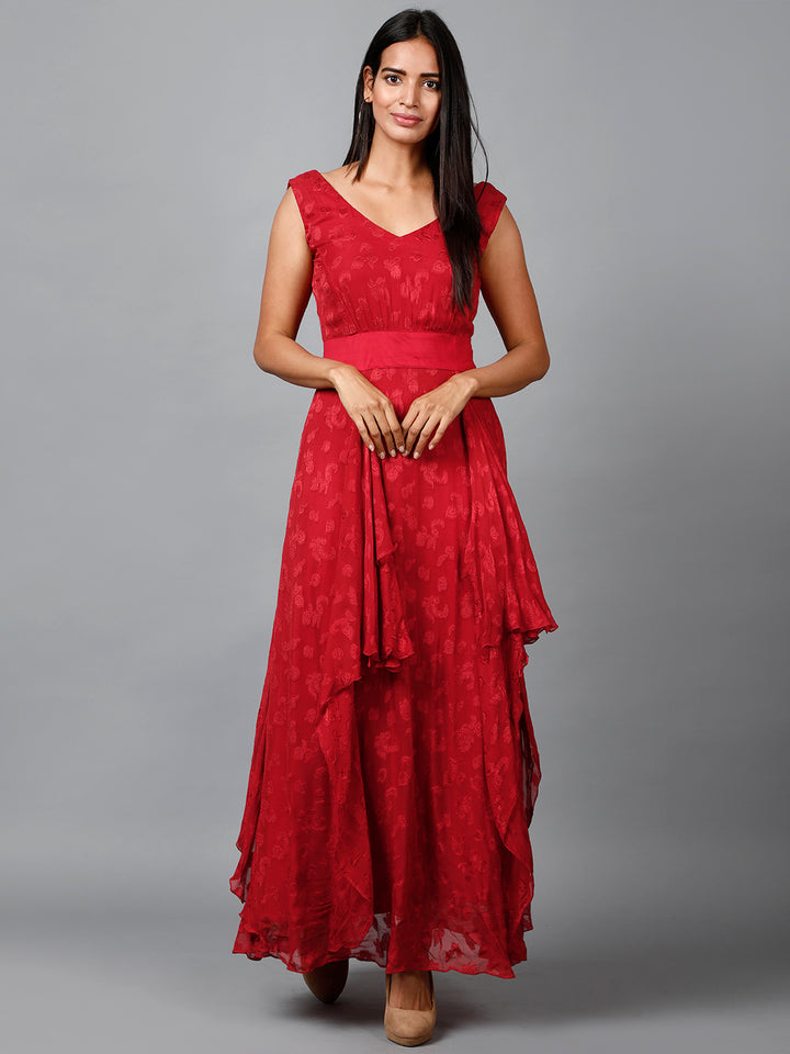 Miracolos By Ruchi's Red Floral Self Design Georgette Dress  - Rent