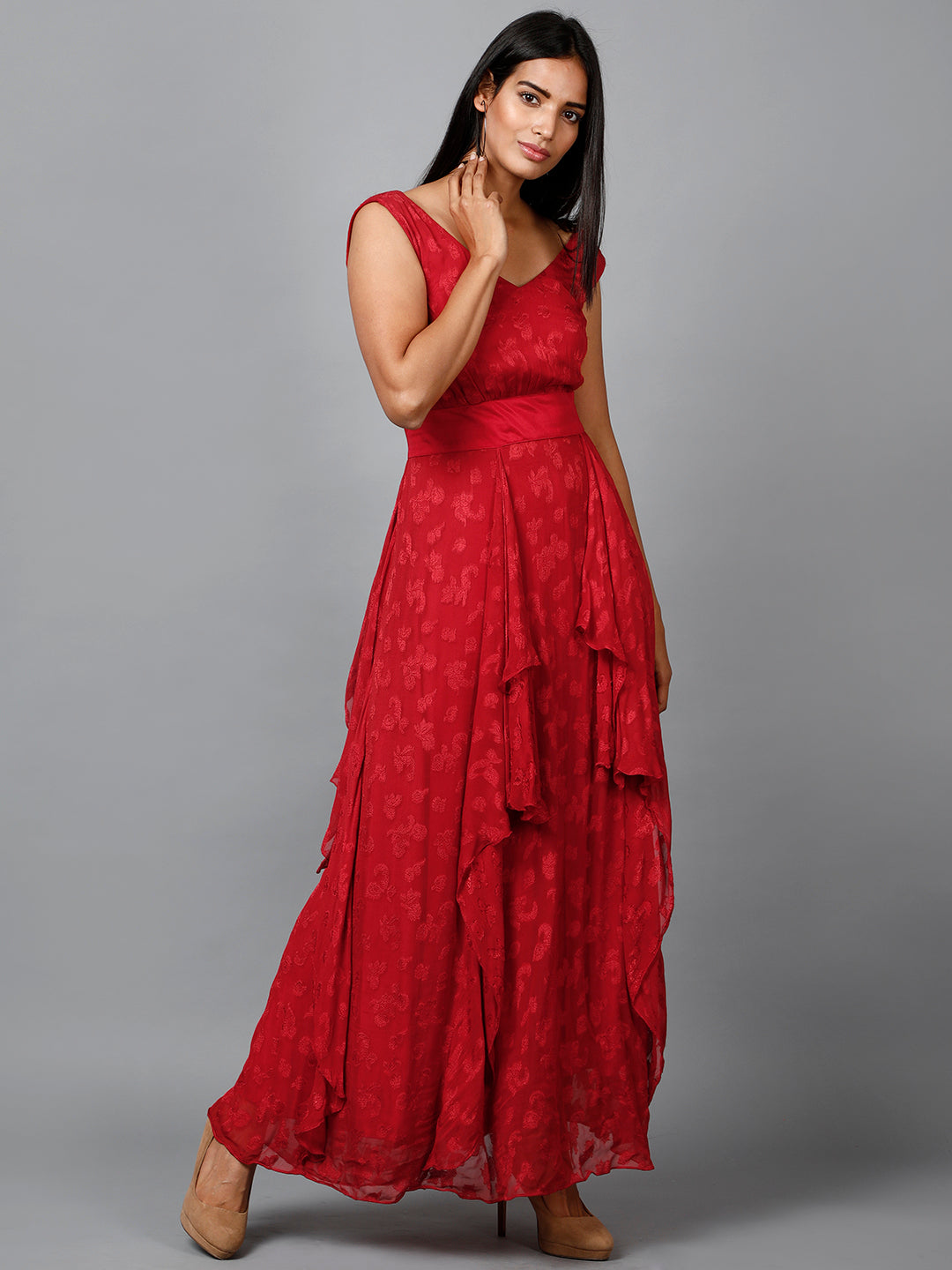 Miracolos By Ruchi's Red Floral Self Design Georgette Dress  - Rent