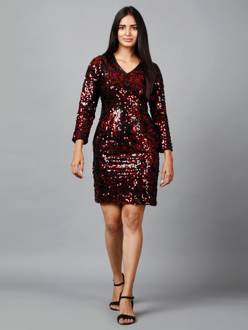 Miracolos By Ruchi's Maroon Sequins Embellished Party V-neck Short Dress  - Rent