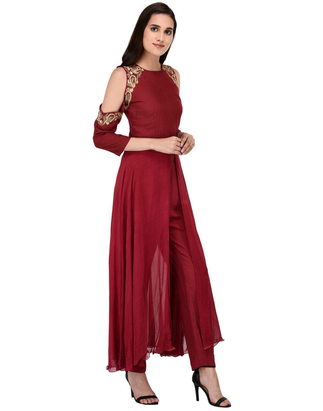 Rent Miracolos Designer Sequins Embellished Chanderi Cold Shoulder Kurta and Pant Party Wedding Dress in Maroon-Women-Glamourental