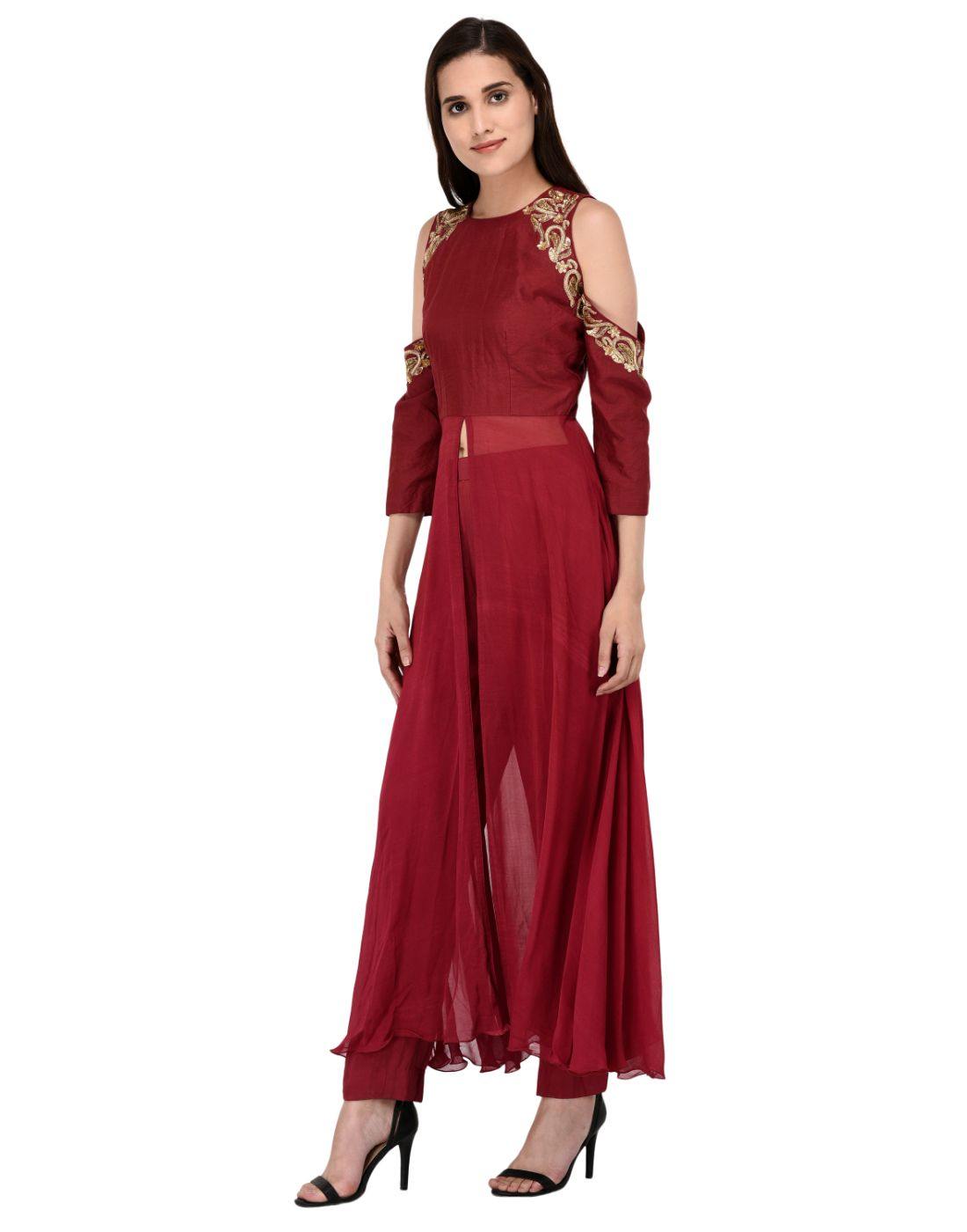 Rent Miracolos Designer Sequins Embellished Chanderi Cold Shoulder Kurta and Pant Party Wedding Dress in Maroon-Women-Glamourental