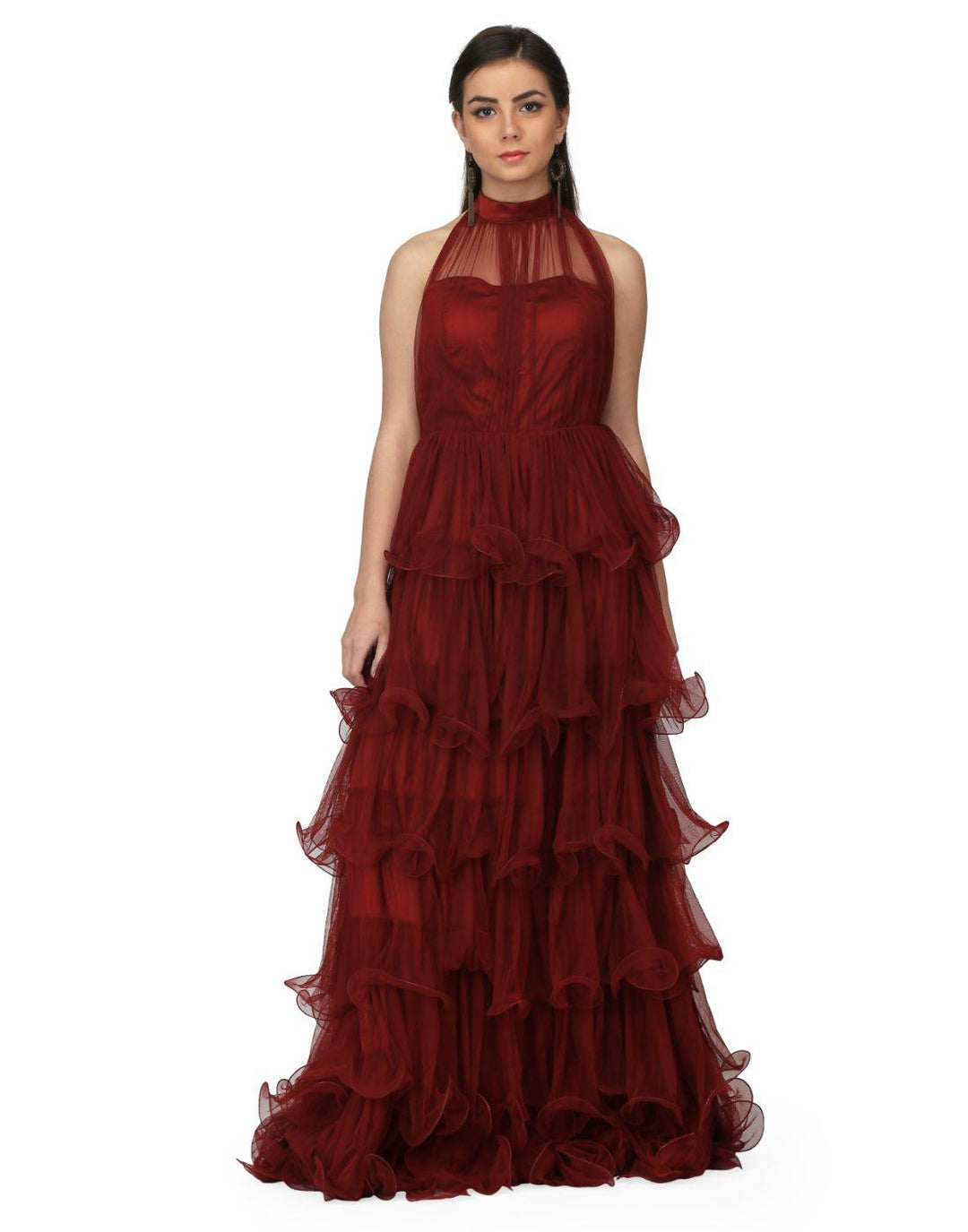 Rent Miracolos by Ruchi Women's Halter Neck Draped Net Party Evening Gowns in Maroon-Women-Glamourental