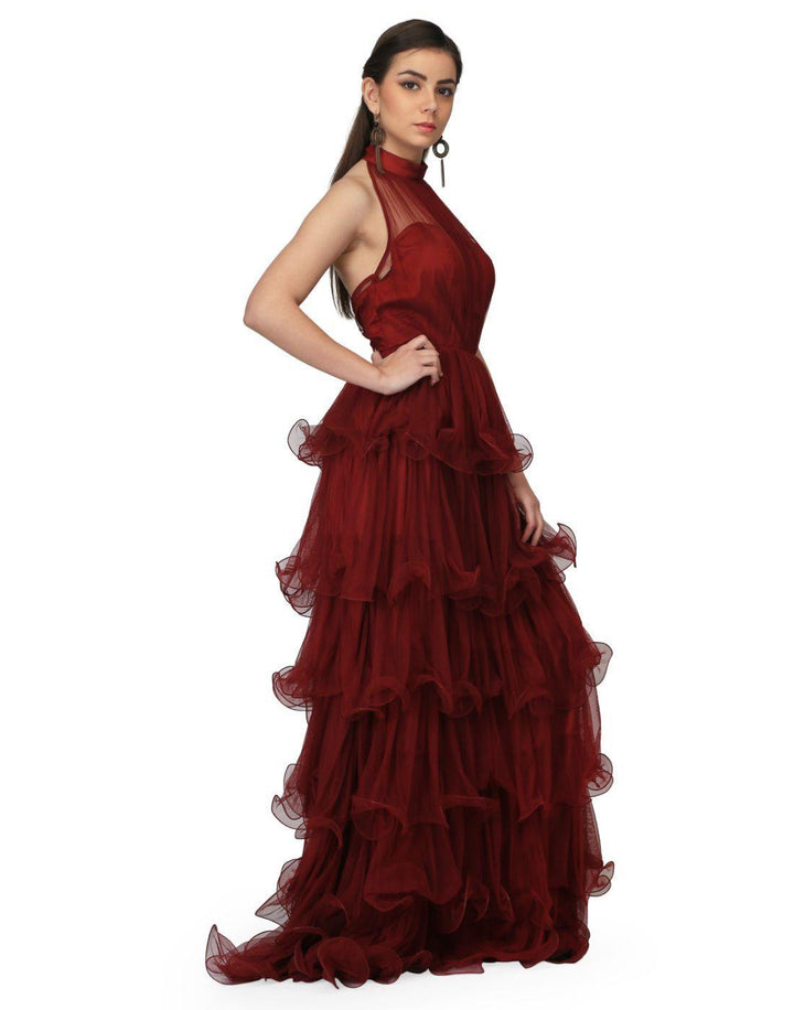 Rent Miracolos by Ruchi Women's Halter Neck Draped Net Party Evening Gown in Maroon-Women-Glamourental