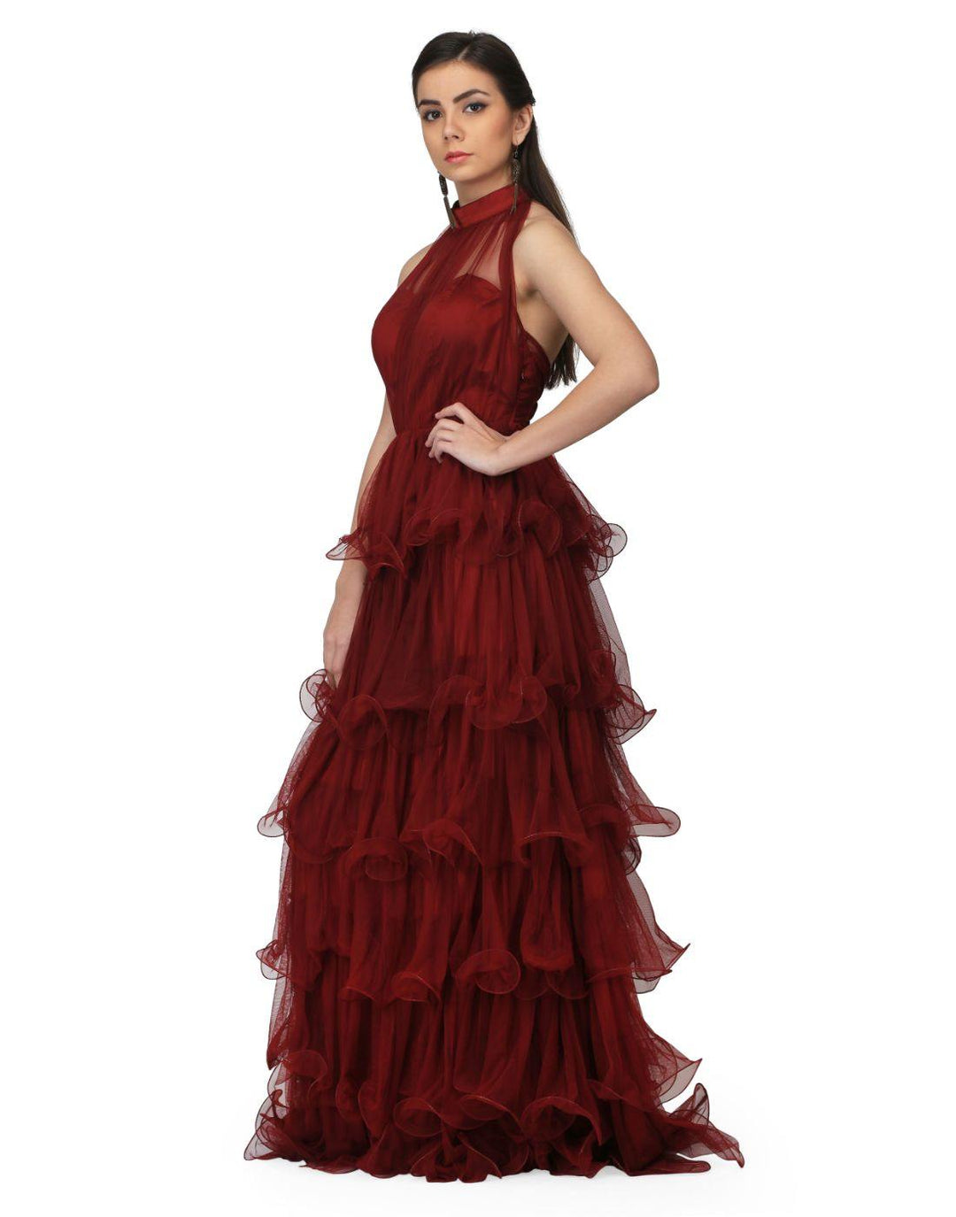 Rent Miracolos by Ruchi Women's Halter Neck Draped Net Party Evening Gown in Maroon-Women-Glamourental
