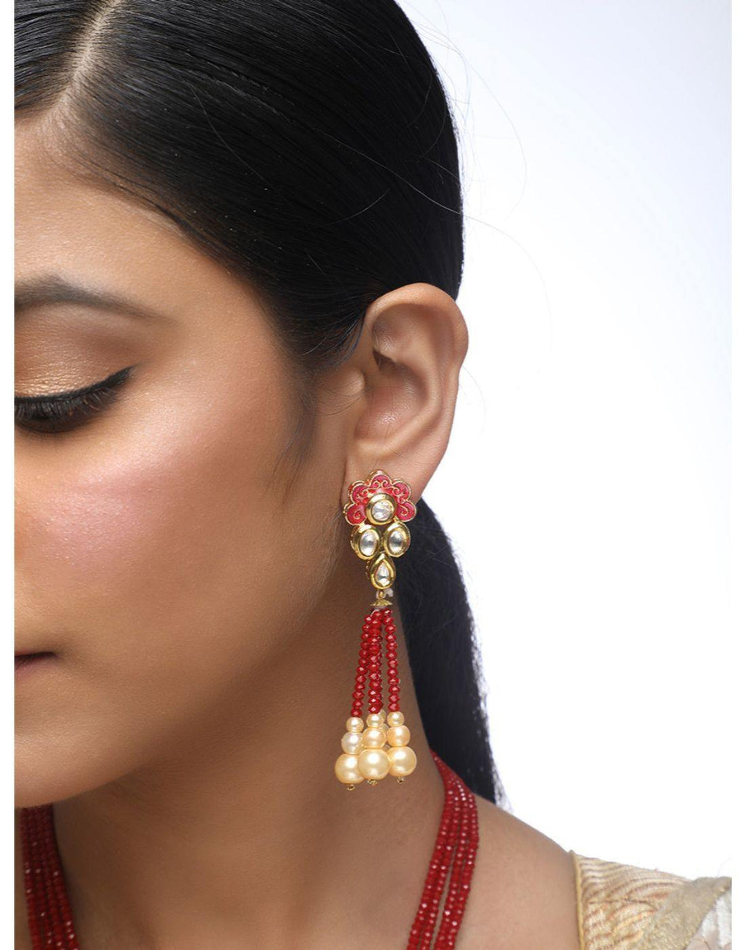 Red Pearl & Kundan Desinger Pendant Neckpiece wWith Earrings-Accessories-Glamourental