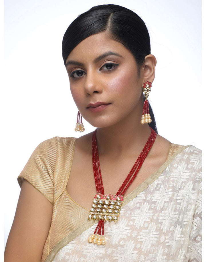 Raani Georgette Wedding Lehenga Choli For Women + Maroon Floral Hand-embroidered Clutch + Red Pearl & Kundan Desinger Pendant Neckpiece with Earrings - Rent