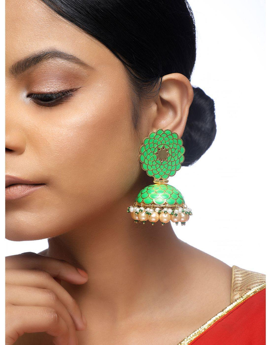Green Enamel Jhumka-Accessories-Glamourental