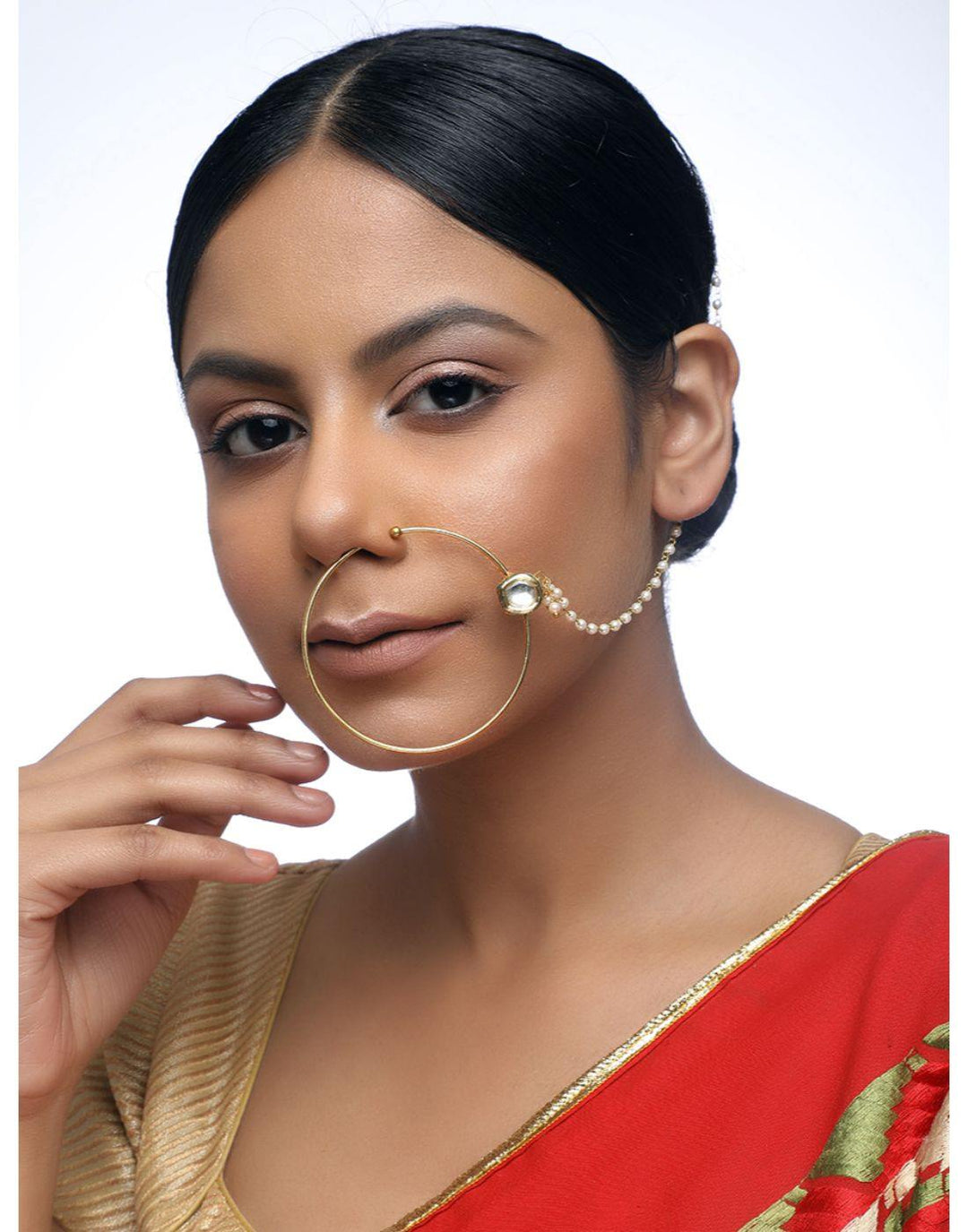 Kundan Naath with two stone and pearl Chain-Accessories-Glamourental