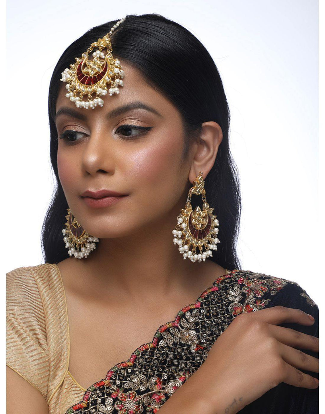 Red Meena Kundan Tikka With Earrings-Accessories-Glamourental