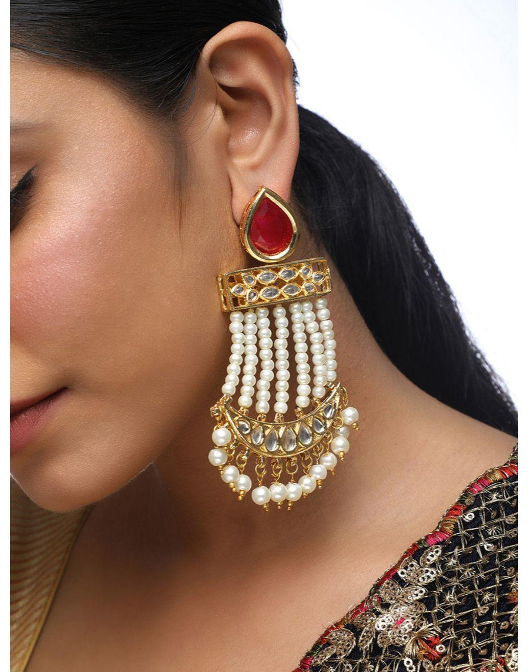 Long Kundan & Beads Earrings-Accessories-Glamourental