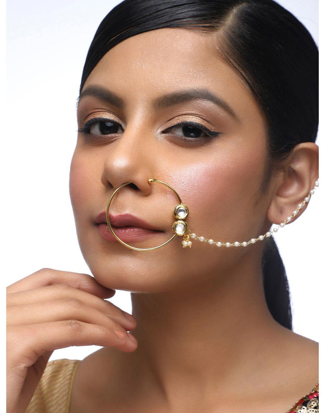 Kundan Naath with Pearl Chain-Accessories-Glamourental
