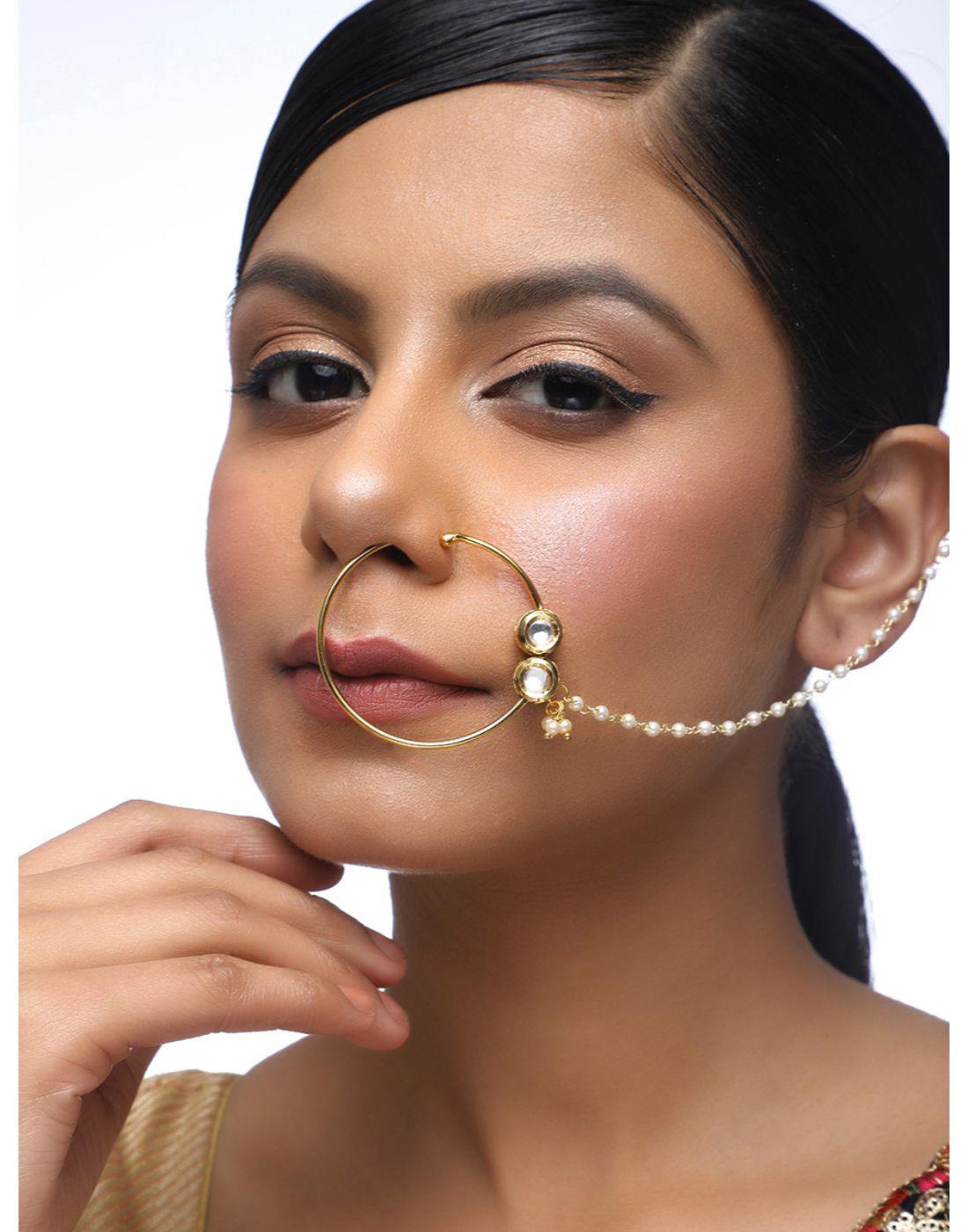 Kundan Naath with Pearl Chain-Accessories-Glamourental