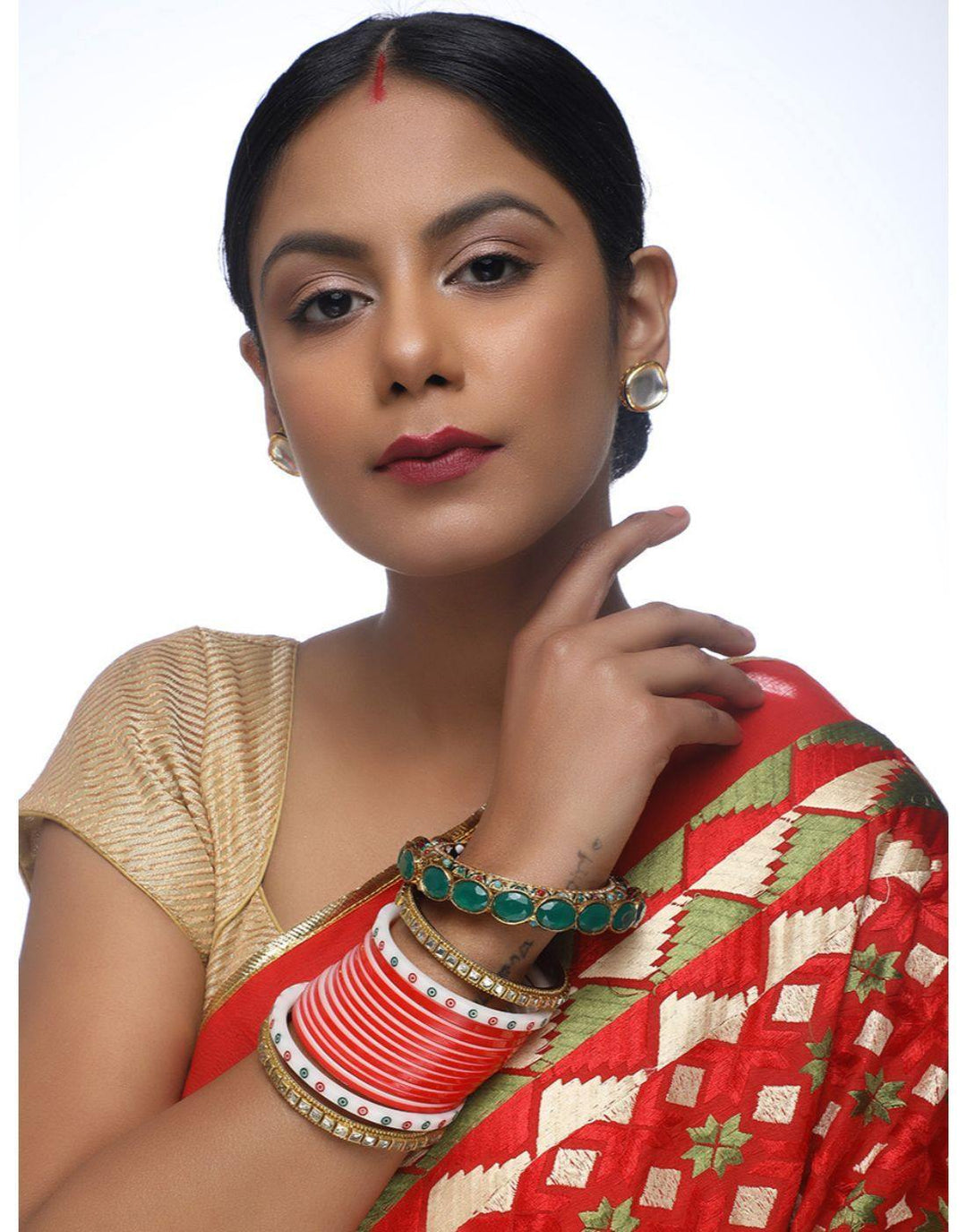 Gold Chura With Kundan Bangles & Heavy Meenakari Red Kada-Glamourental-Accessories-Glamourental