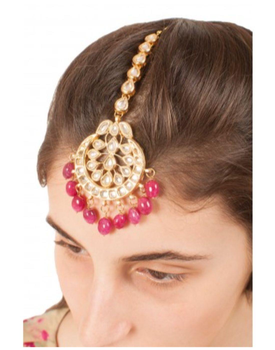 Kundan Tikka With Maroon Stones-Accessories-Glamourental