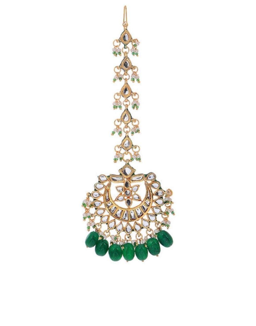 Emerald Kundan Teeka With Earrings-Accessories-Glamourental
