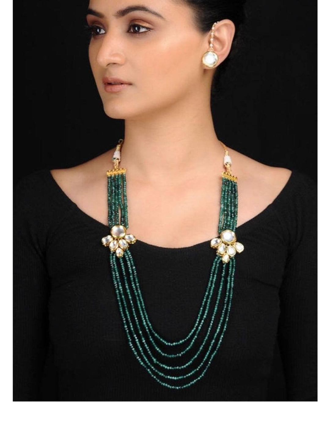Emerald green Kundan Necklace With Studs-Accessories-Glamourental