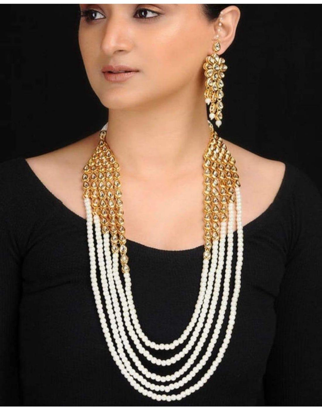 Pearl Necklace With Matching Kundan Earrings-Accessories-Glamourental