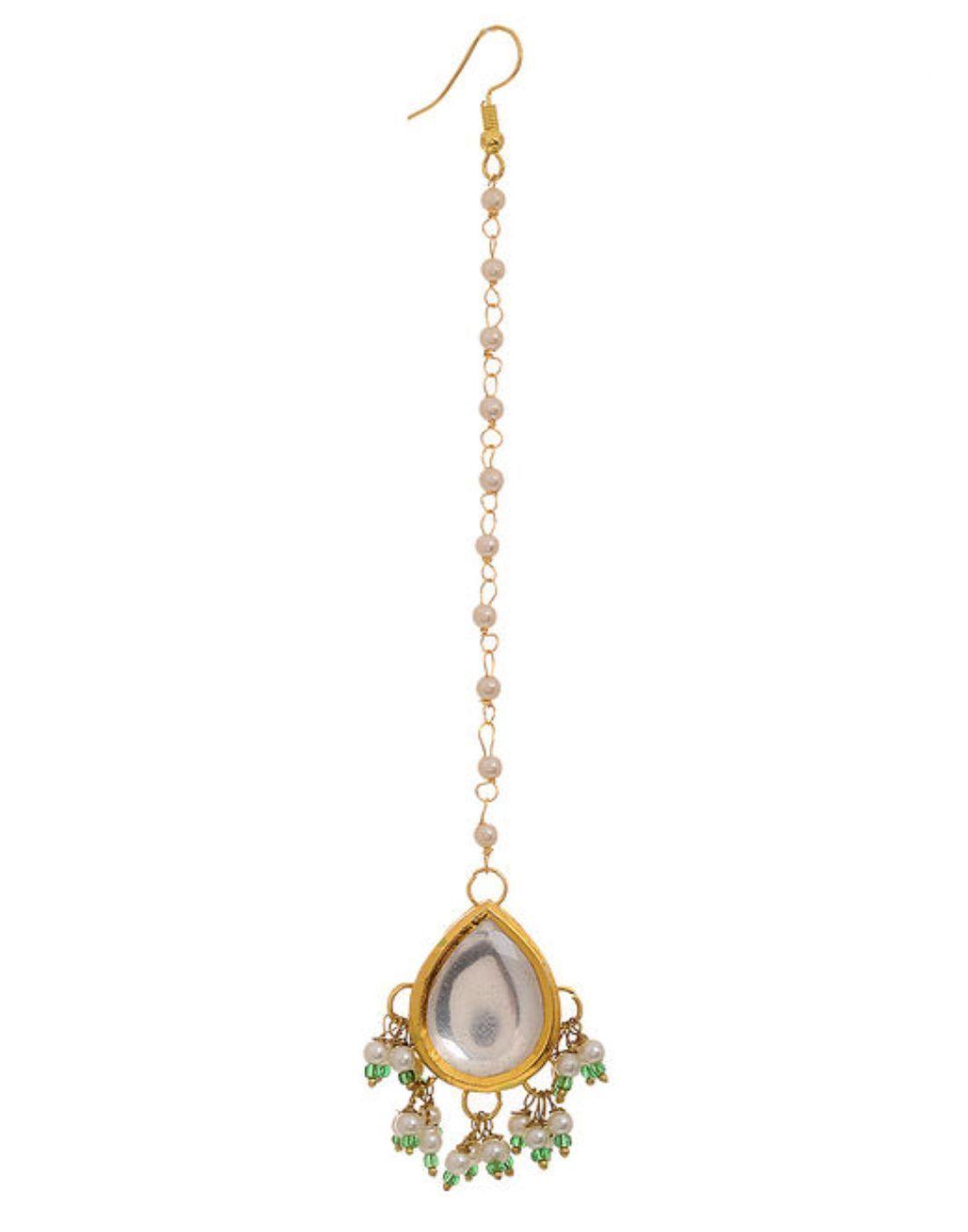 Stone Studd Kundan with greena and white pearl hanging Maang Tikka-Accessories-Glamourental