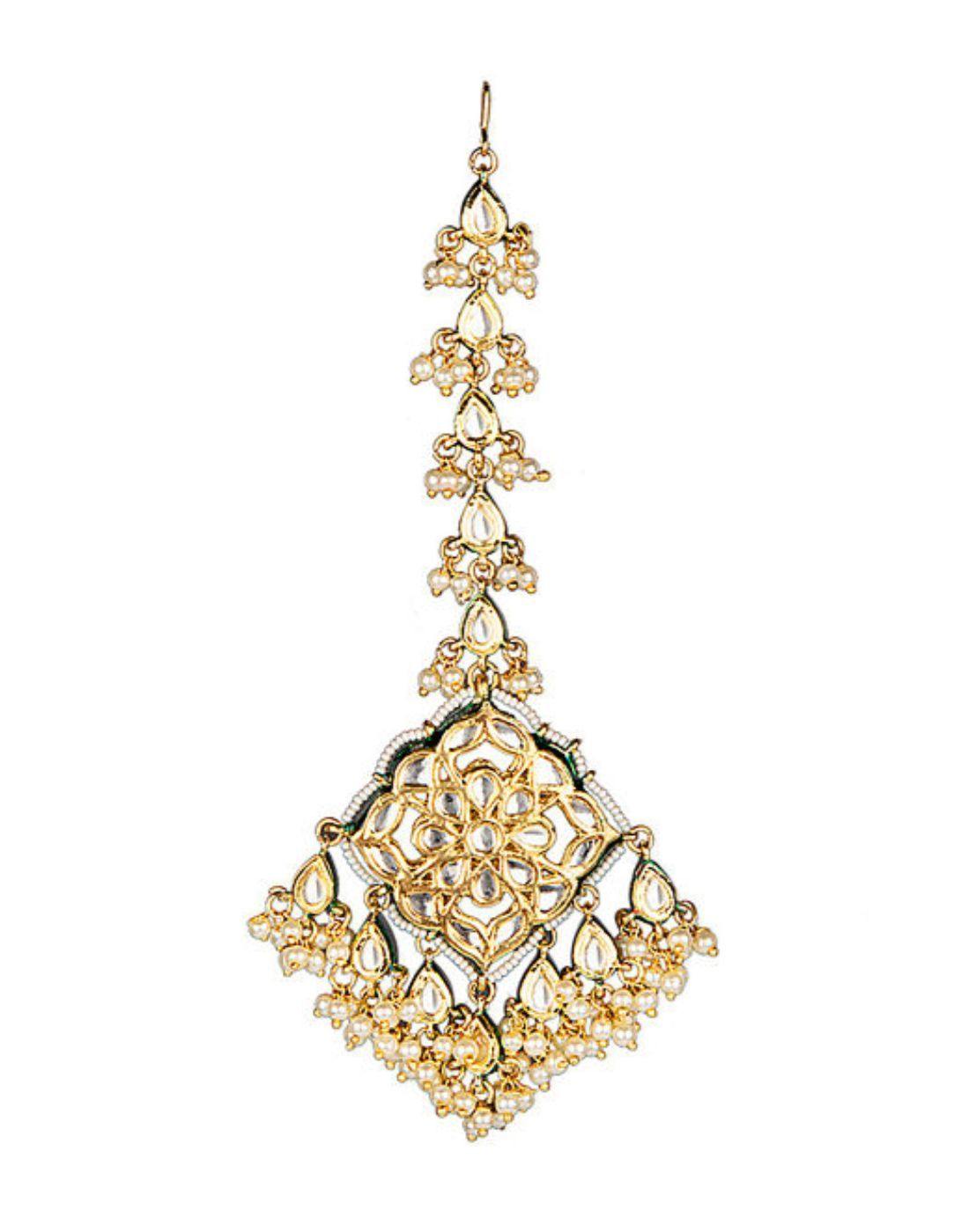 BRASS KUNDAN AND PEARL MAANG-TIKKA IN GOLDEN-Accessories-Glamourental