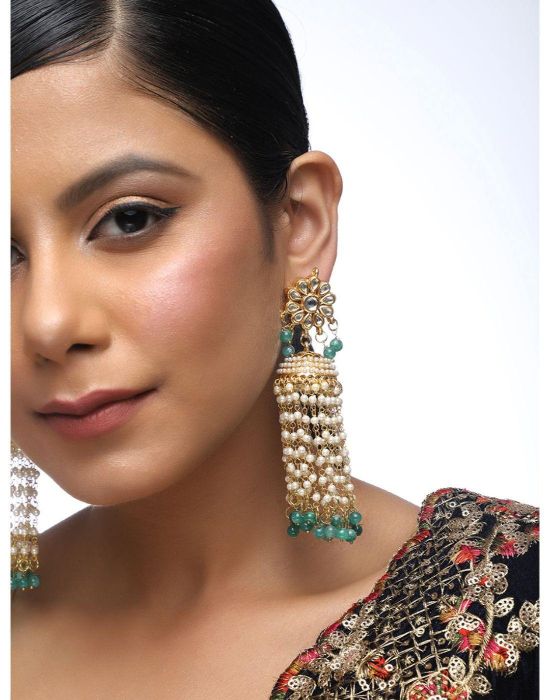 Kundan Latkan Earrings in Gold & Green-Accessories-Glamourental