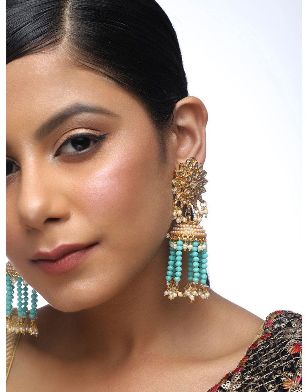 Kundan Jumkhi Earrings with Motifs-Accessories-Glamourental