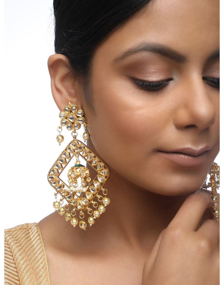 Alloy Kundan & Pearl Diamond Shape Earring-Accessories-Glamourental