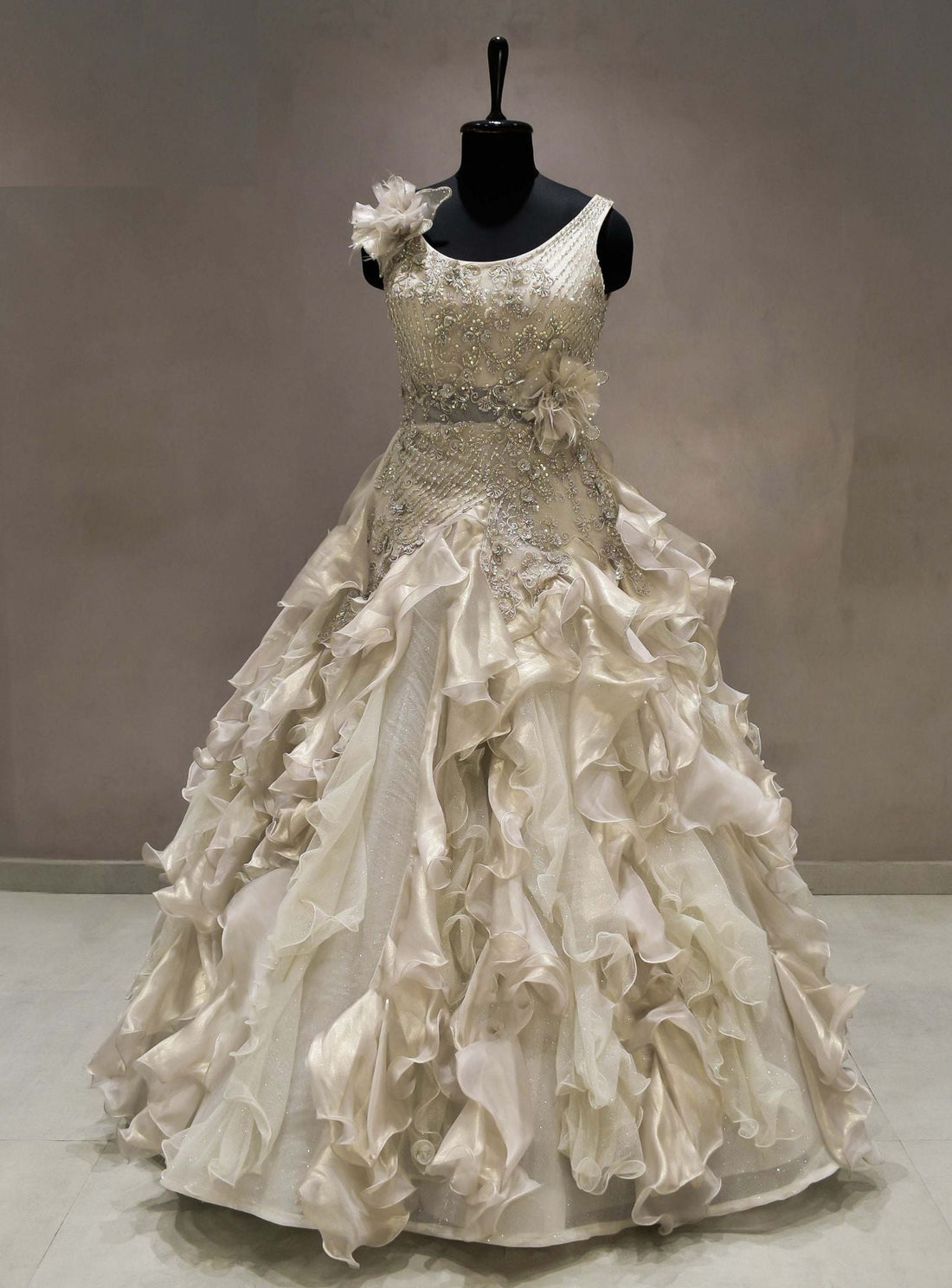 Meraj couture's Silver Ruffled Gowns-RENT