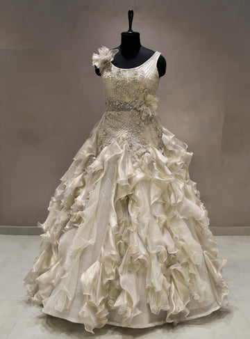 Meraj couture's Silver Ruffled Gowns-RENT