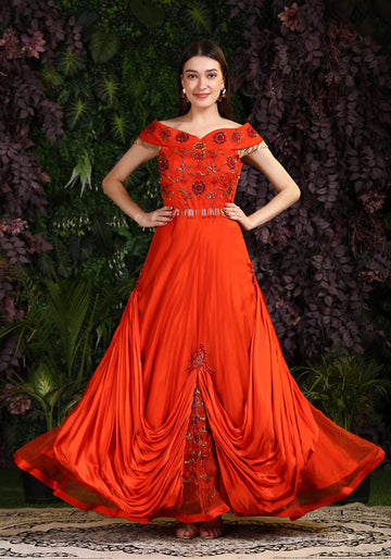 Miracolos By Ruchi's Classy Orange colored Organza Gowns  - Rent