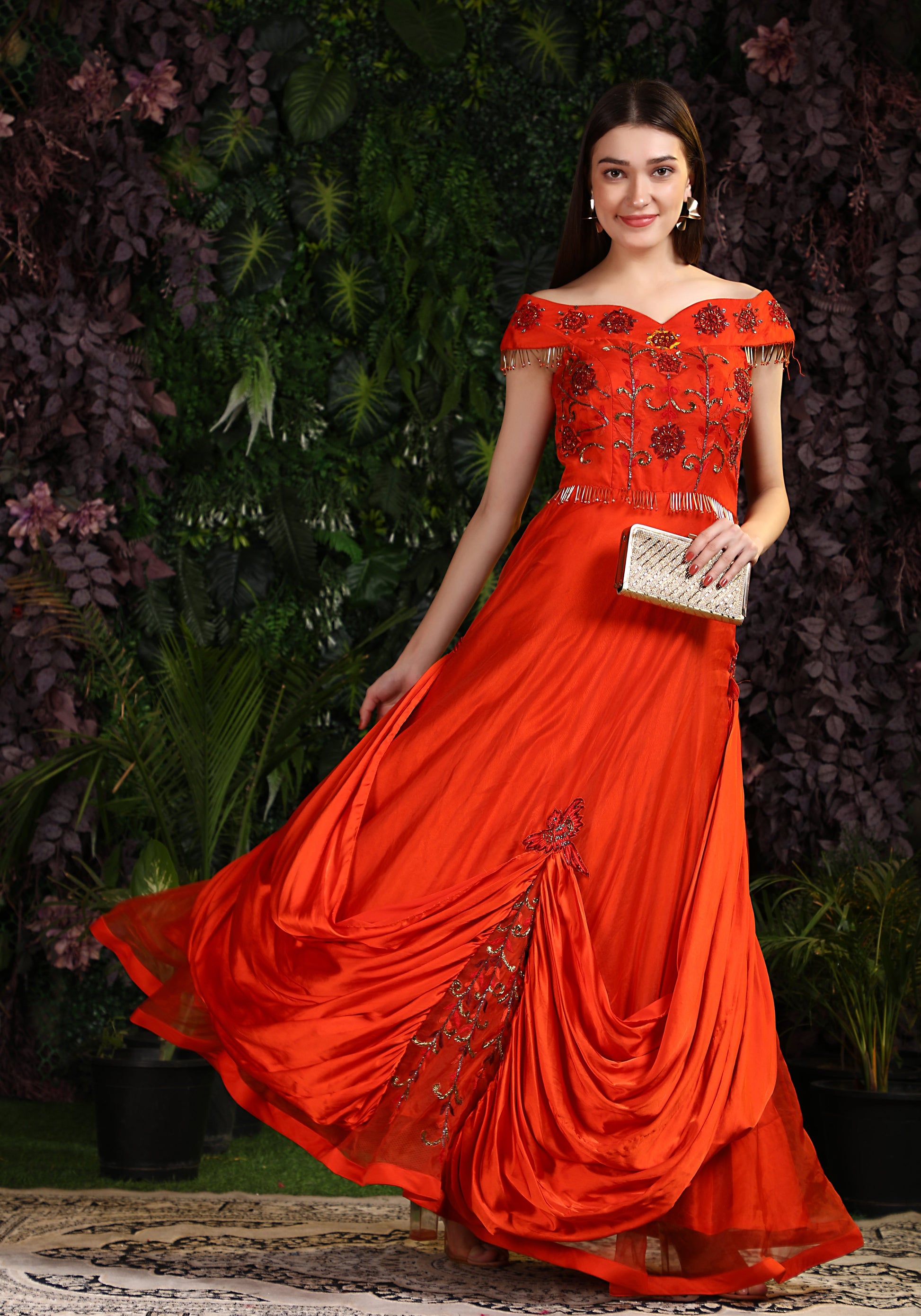 Buy Miracolos Embroidered Off Shoulder Gown for Women Available Online at ScrollnShops Orange / XXL Buy Miracolos Embroidered Off Shoulder Gown for Women Available Online at ScrollnShops Orange / XXL