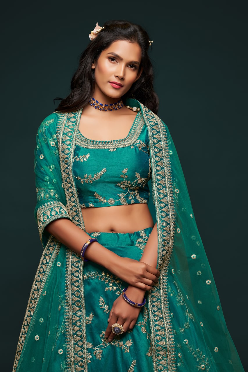 Green Partywear Art Silk Lehenga - Rent