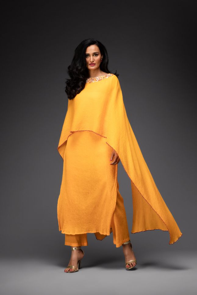 Yellow Crinkled Draped Embroidered Kurta With Matching Pants - Buy