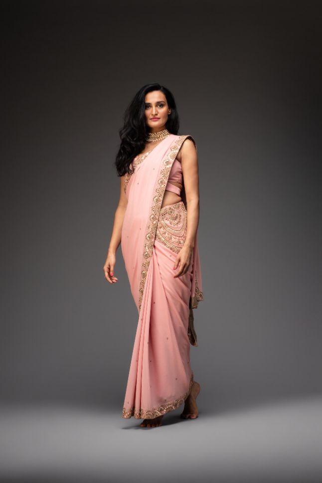 Pink Embroidered Saree With Matching Cross Over Blouse - Buy