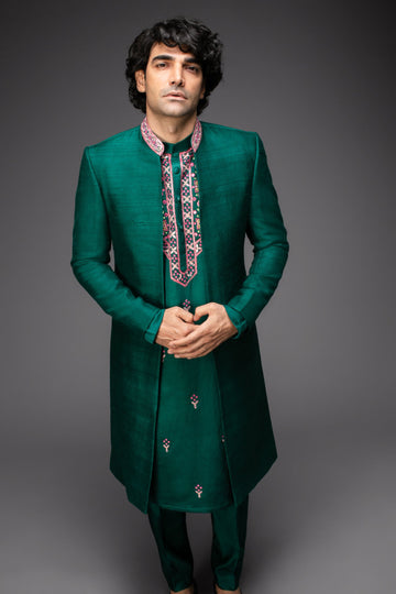 Emerald Green Embroidered Kurta With An Open Jacket -  Rent