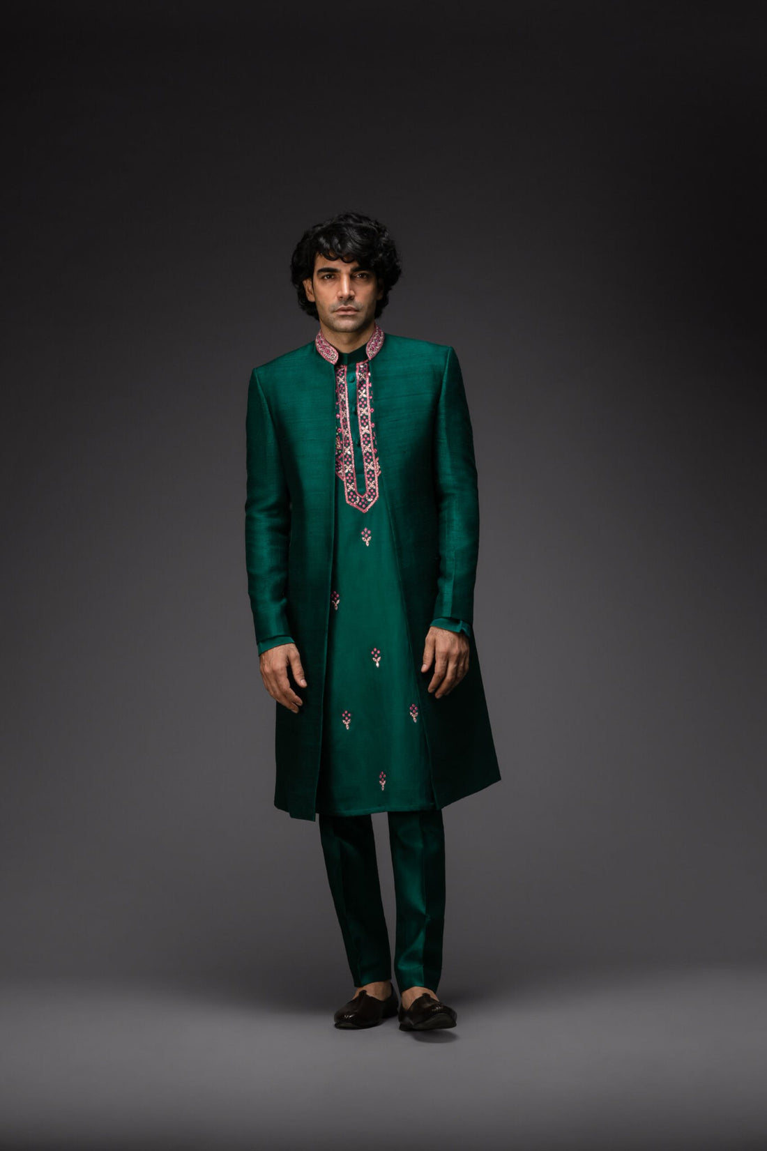 Emerald Green Embroidered Kurta With An Open Jacket -  Rent