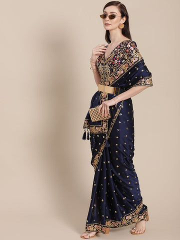 Navy Blue Partywear Silk Designer Saree - Clearance