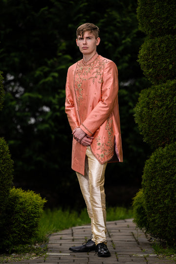 Stylish Heavy Embroidered Peach Sherwani set - Rent